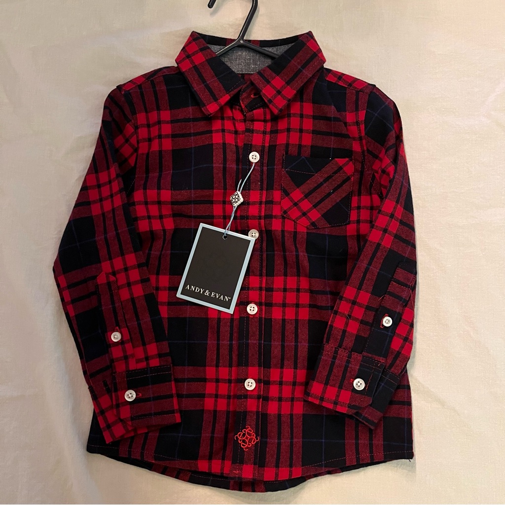 Brand New! Boys 2t Red And Black Christmas Plaid Long Sleeve Button Down Shirt